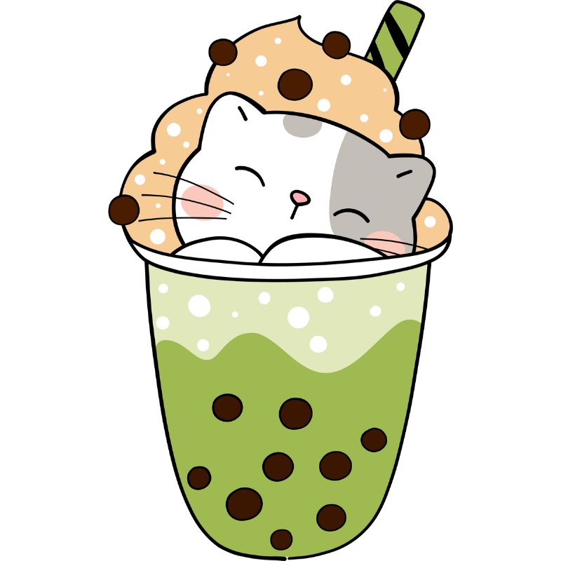 cat chibi uống trà thái