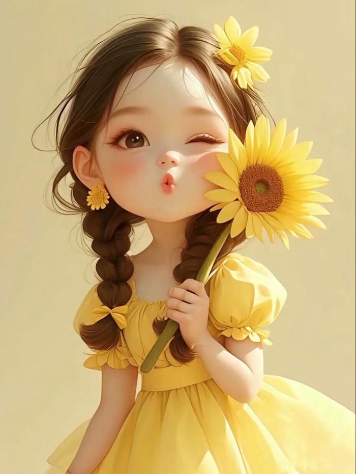 chibi bé gái cầm hoa hướng dương