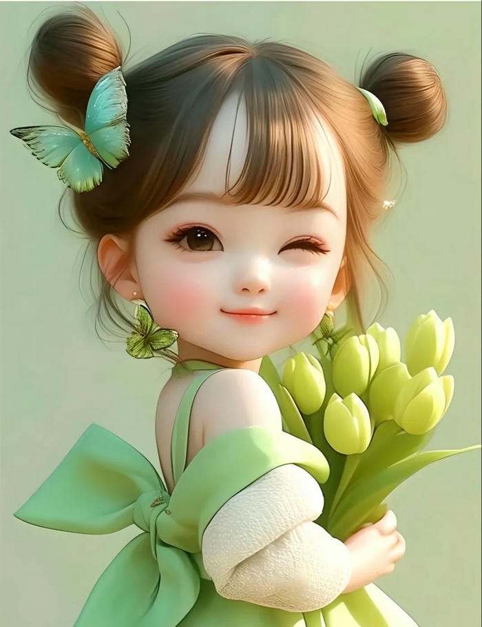 chibi bé gái cầm hoa