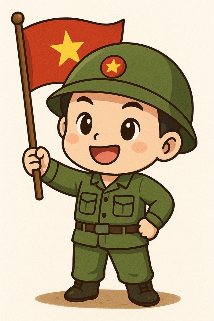chibi bộ đội việt nam cầm cờ đỏ