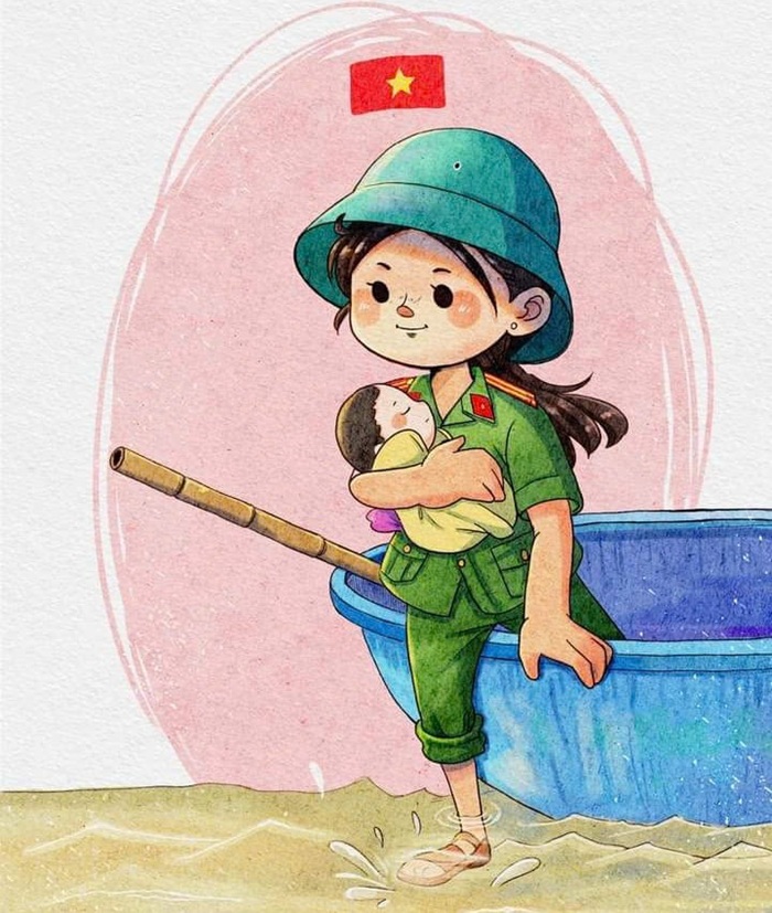 chibi bộ đội việt nam ôm em bé