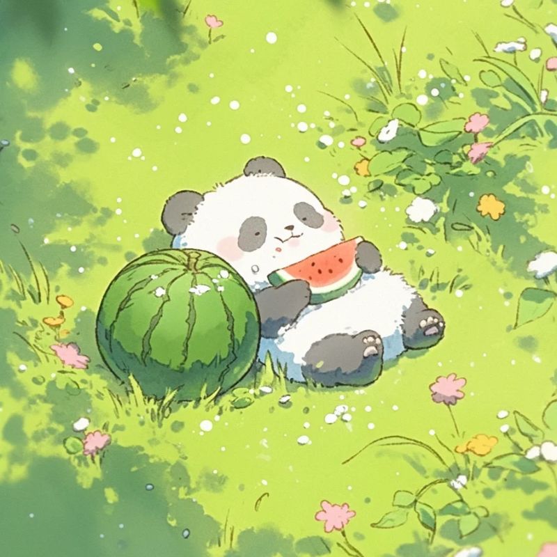 gấu trúc chibi ăn dưa hấu