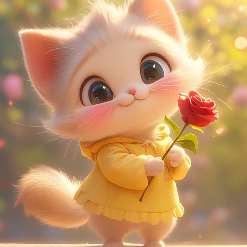 mèo con chibi cầm hoa