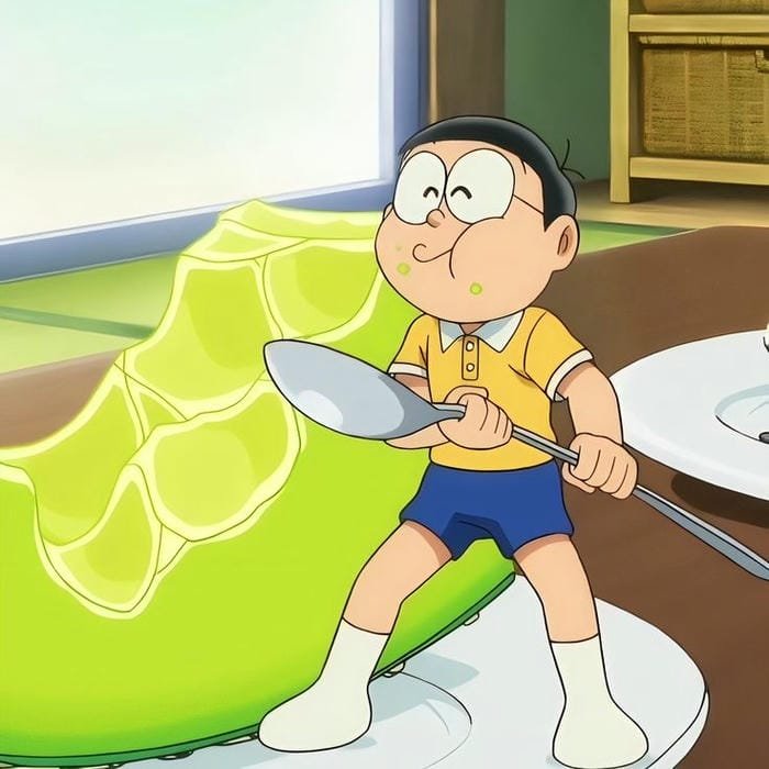 nobita cute chibi cầm thìa