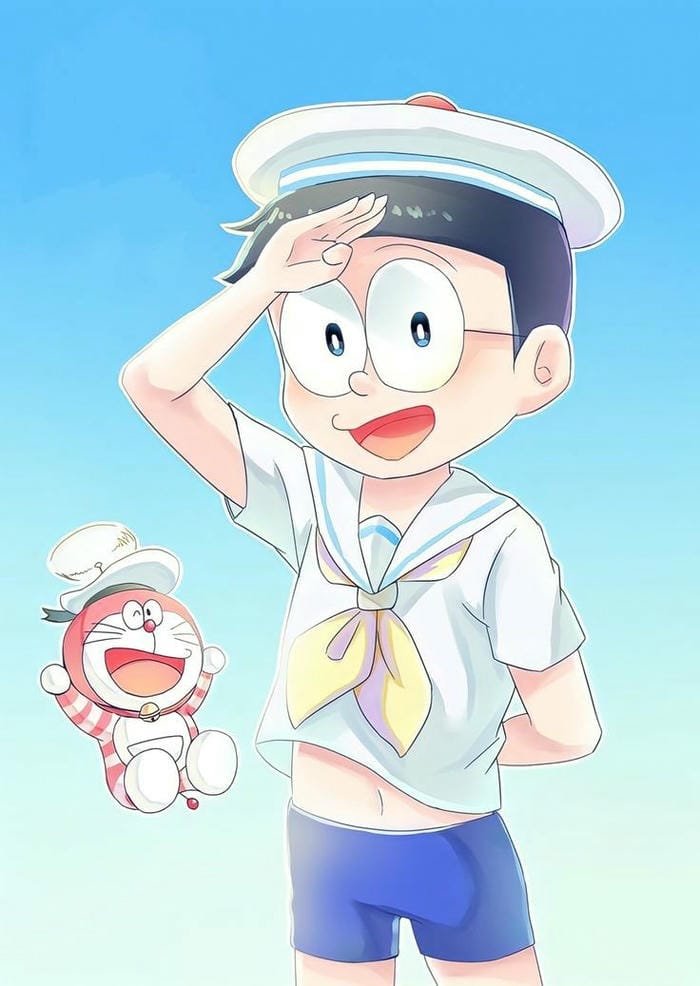 nobita cute chibi mũ trắng